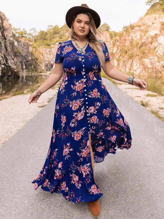 Plus Size V-Neck Maxi Dress [Spirit and Rebel] Navy 0XL 