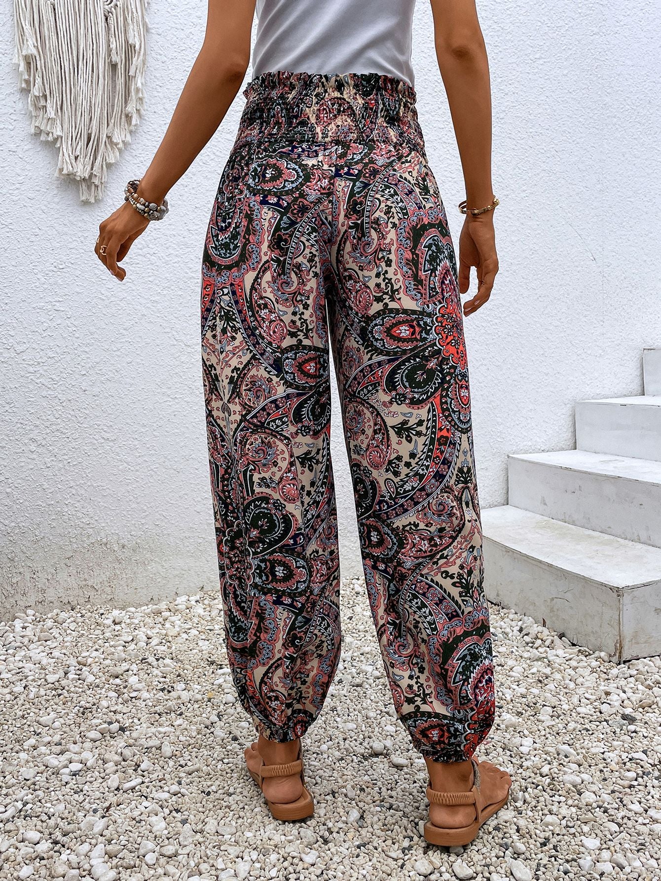 Paisley Print Smocked High-Waist Pants [Spirit and Rebel]   