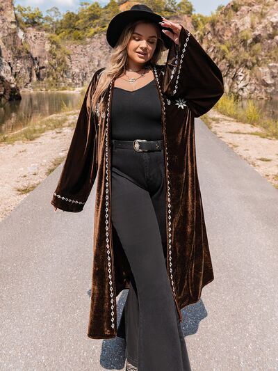 Boho Plus Size Embroidery Open Front Long Sleeve Cardigan [Spirit and Rebel]   