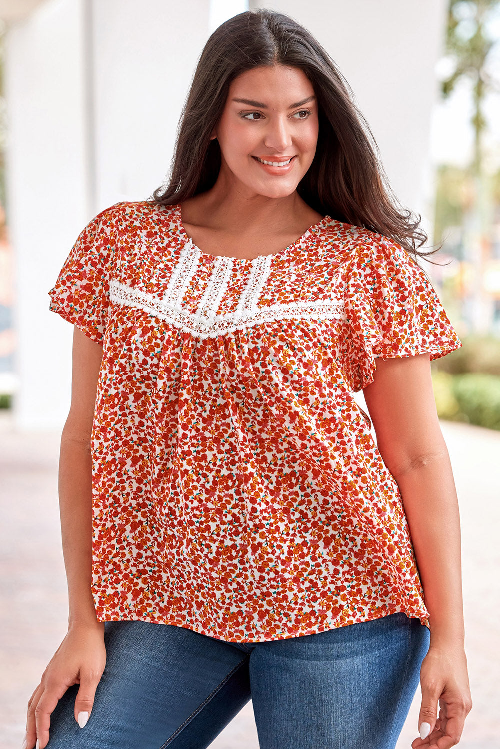 Plus Size Floral Lace Trim Round Neck Blouse [Spirit and Rebel]   