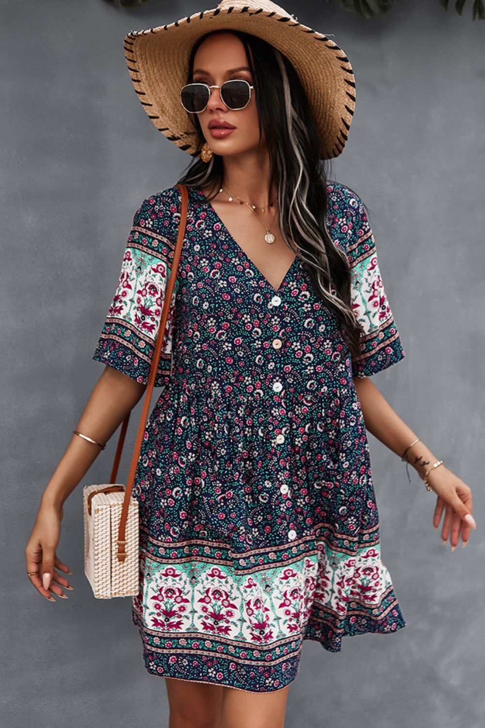 Bohemian V-Neck Half Sleeve Dress [Spirit and Rebel]   