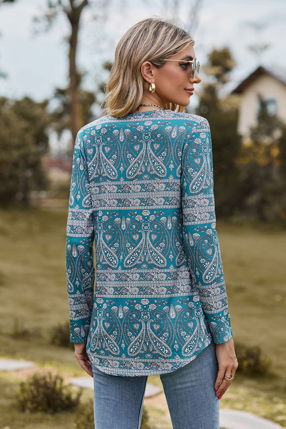 Printed Square Neck Long Sleeve Blouse [Spirit and Rebel]   