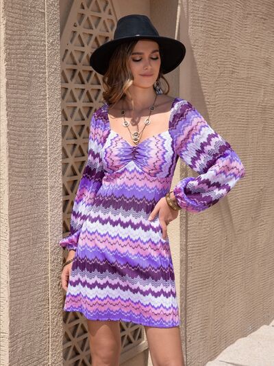 Printed Sweetheart Neck Balloon Sleeve Boho Chic Dress [Spirit and Rebel] Vivid Violet S 