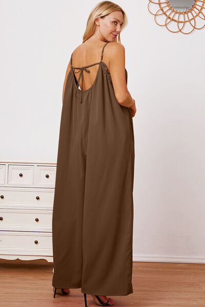 Full Size Ruffle Trim Tie Back Cami Jumpsuit with Pockets [Spirit and Rebel]   