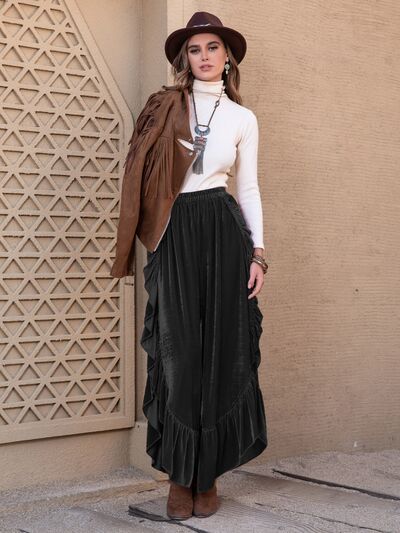 Boho Chic  Ruffle Trim Wide Leg Slit Pants [Spirit and Rebel]   