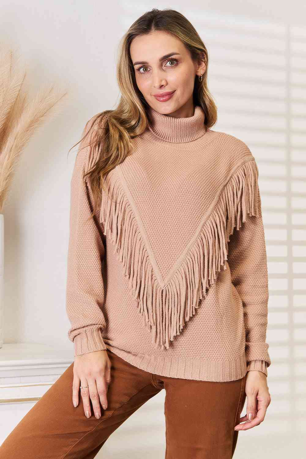 Woven Right Turtleneck Fringe Front Long Sleeve Sweater [Spirit and Rebel]   