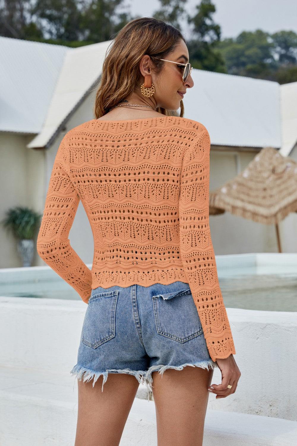 Spirit and Rebel Boho Drawstring Ruched Openwork Sweater [Spirit and Rebel]   