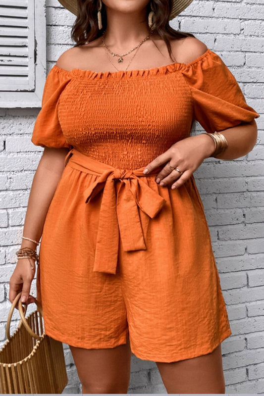 Plus Size Smocked Tie Belt Romper [Spirit and Rebel] Orange 0XL 