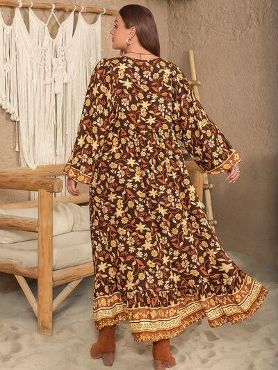 Plus Size Printed V-Neck Balloon Sleeve Dress [Spirit and Rebel]   