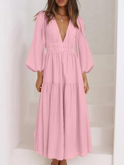 Deep V-Neck Balloon Sleeve Plain Maxi Dress [Spirit and Rebel]   