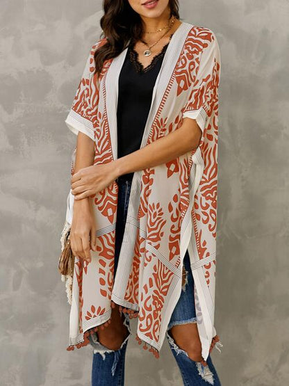 Printed Open Front Slit Cardigan [Spirit and Rebel] Chestnut One Size 