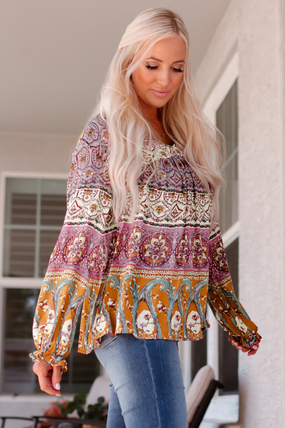 Boho Bohemian Long Flounce Sleeve V-Neck Blouse [Spirit and Rebel]   