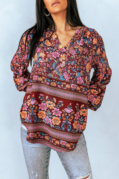 Bohemian Balloon Sleeve Notched Neck Blouse [Spirit and Rebel] Floral S 