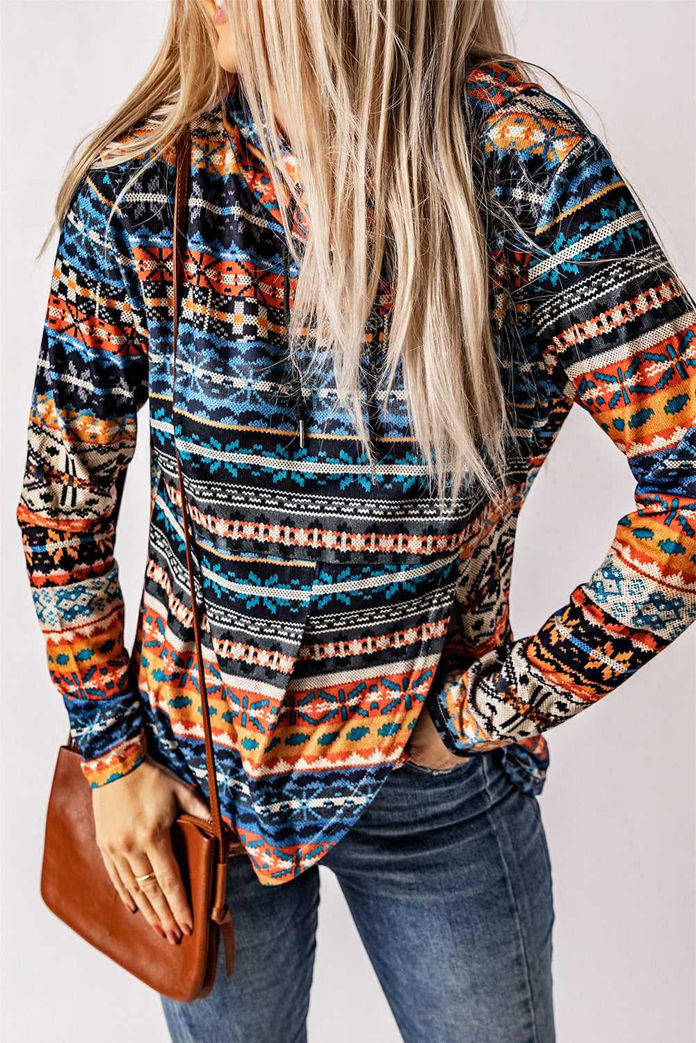 Boho Bliss Patterned Drawstring Detail Cowl Neck Hoodie [Spirit and Rebel]   