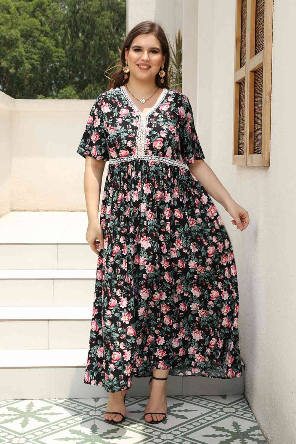 Plus Size Floral V-Neck Maxi Dress [Spirit and Rebel]   