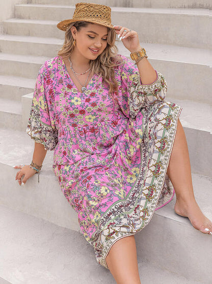 Plus Size Floral V-Neck Balloon Sleeve Midi Dress [Spirit and Rebel]   