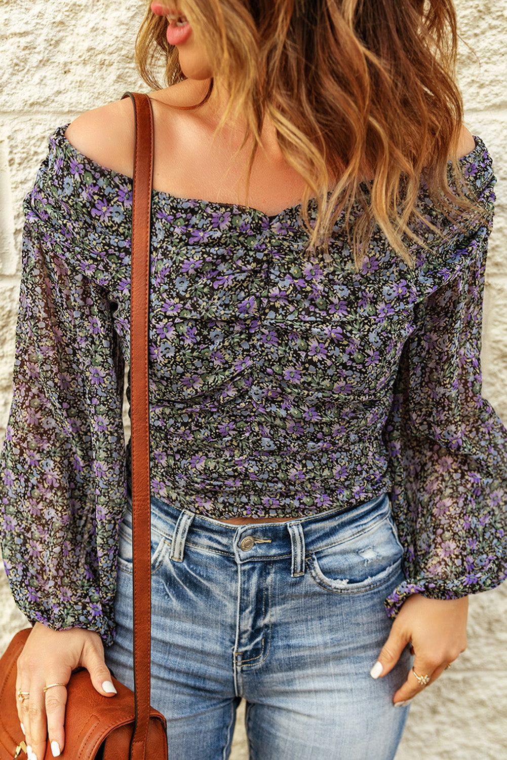 Floral Off-Shoulder Boho Chic Ruched Top [Spirit and Rebel]   