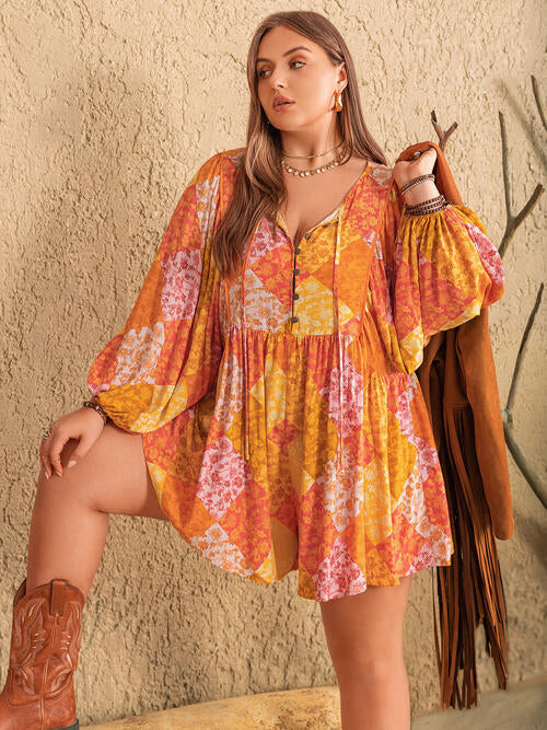 Plus Size Floral Tie Neck Balloon Sleeve Romper [Spirit and Rebel]   