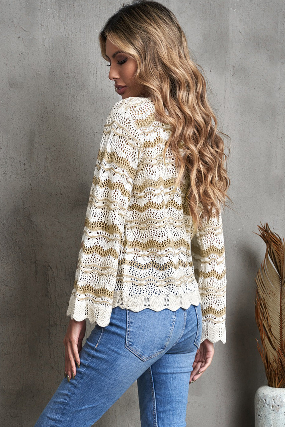 Wavy Stripe Scalloped Hem Openwork Boho Knit Top [Spirit and Rebel]   