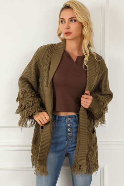 Cable-Knit Fringe Pocketed Cardigan [Spirit and Rebel]   