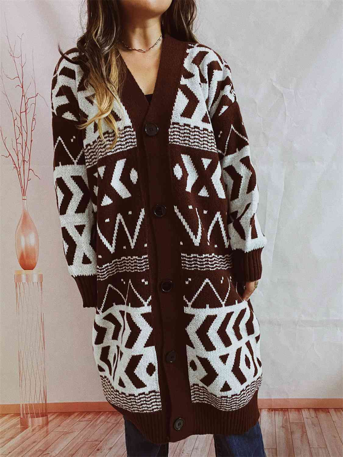 Geometric Button Front Longline Cardigan [Spirit and Rebel] Chestnut S 