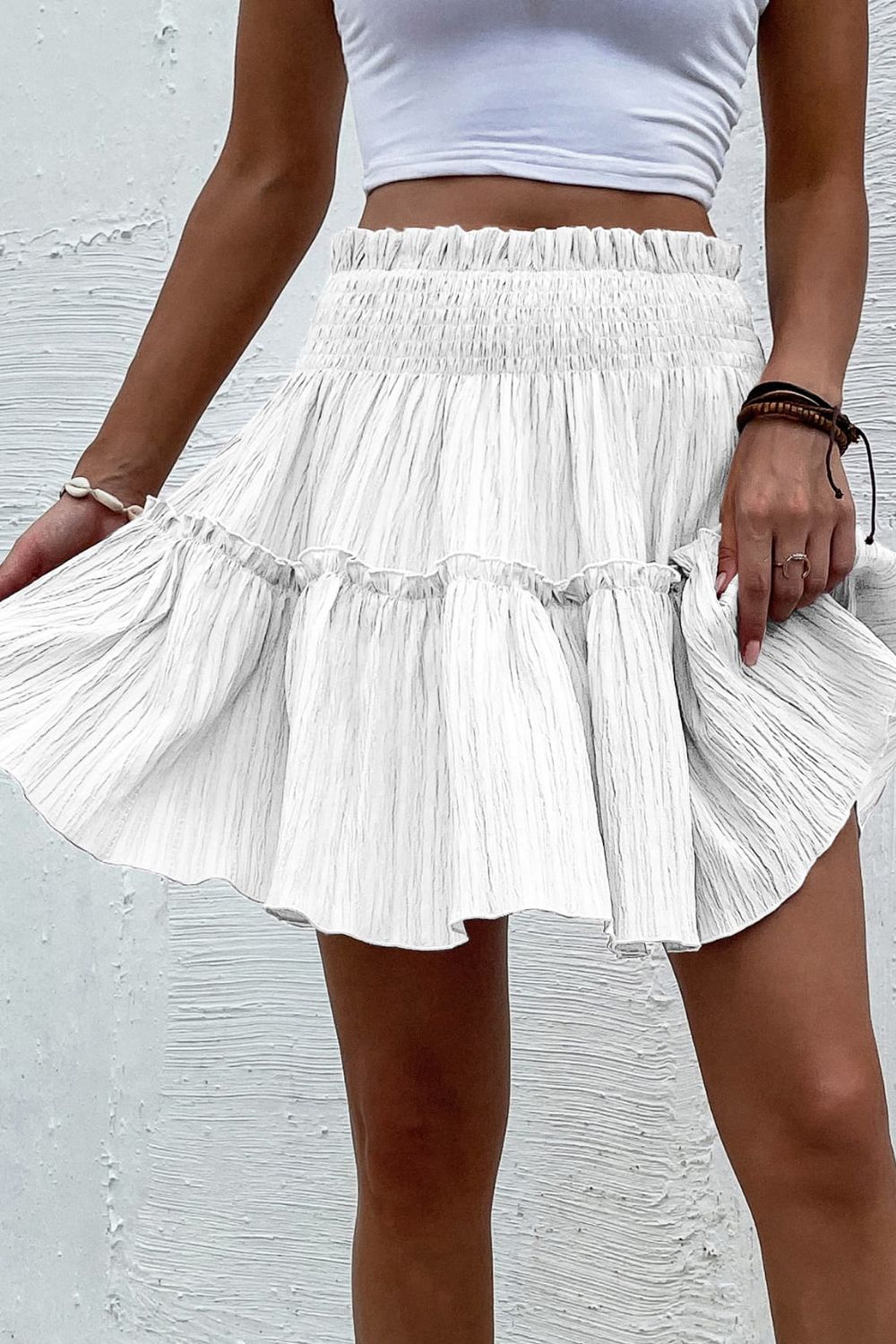 Smocked Waist Frill Trim Boho Skirt [Spirit and Rebel] White S 