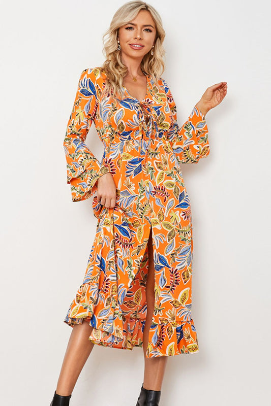 Printed Layered Flare Sleeve Split Tied Boho Dress [Spirit and Rebel] Tangerine M 