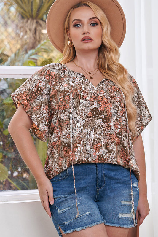 Plus Size Floral Tie Neck Short Sleeve Boho Blouse [Spirit and Rebel] Multicolor 1X 