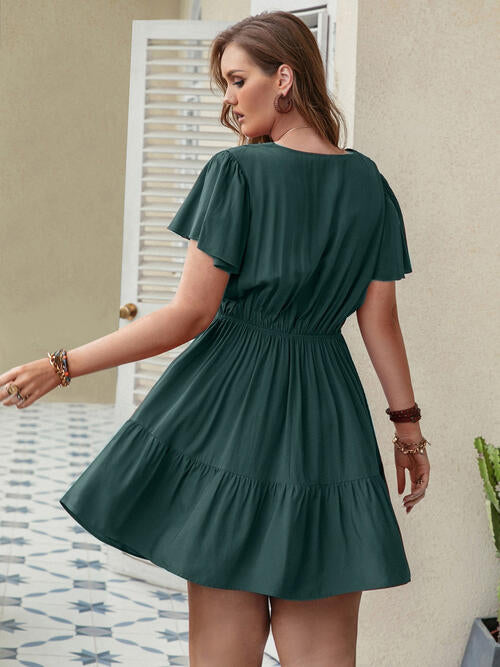 Double Take Plus Size Ruffle Hem V-Neck Short Sleeve Dress [Spirit and Rebel]   