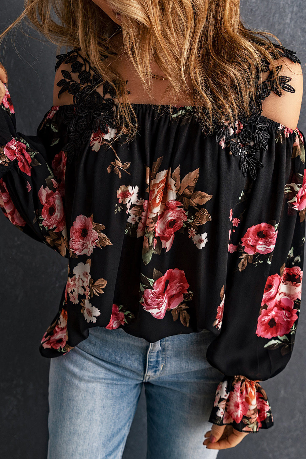 Floral Lace Cold-Shoulder Flounce Sleeve Boho Blouse [Spirit and Rebel]   