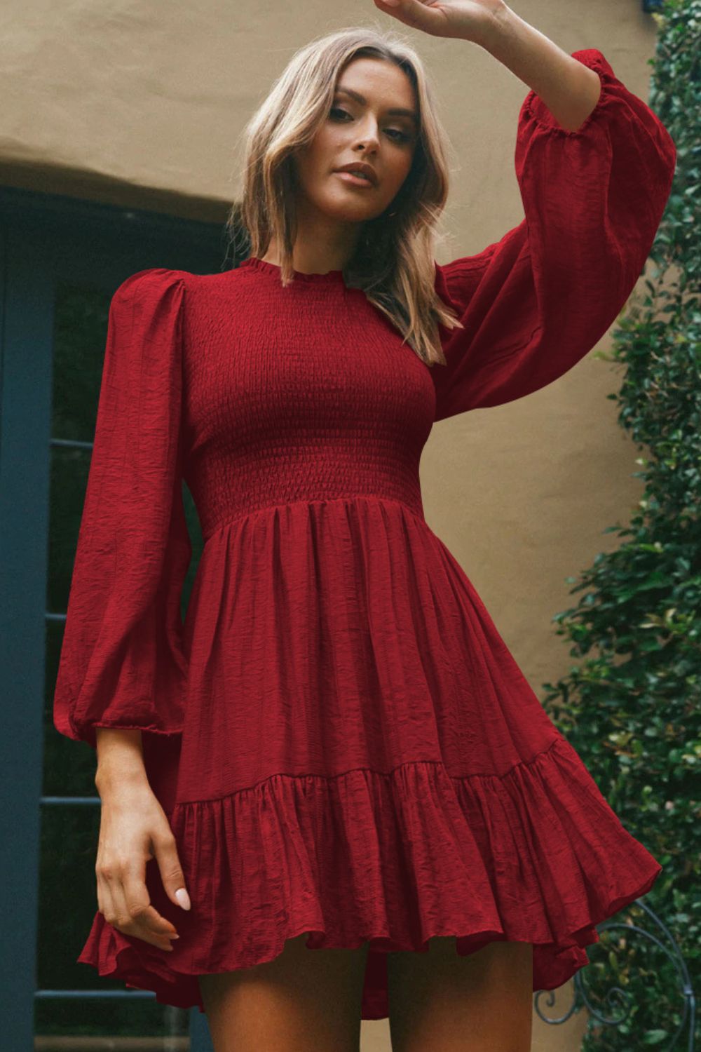 Smocked Balloon Sleeve Ruffle Hem Dress [Spirit and Rebel] Wine S 