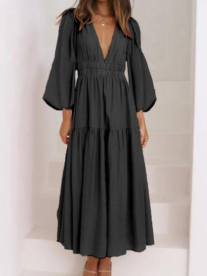 Deep V-Neck Balloon Sleeve Plain Maxi Dress [Spirit and Rebel]   