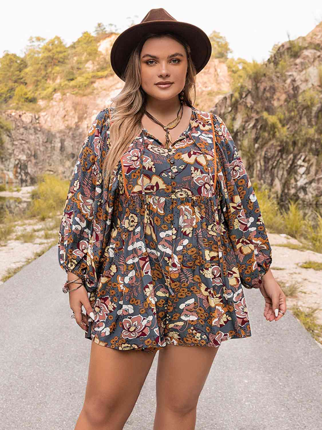 Plus Size Long Sleeve Romper [Spirit and Rebel] French Blue 0XL 