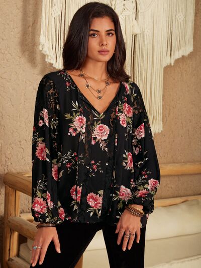 Flower Printed Tie Neck Long Sleeve Blouse [Spirit and Rebel] Black S 