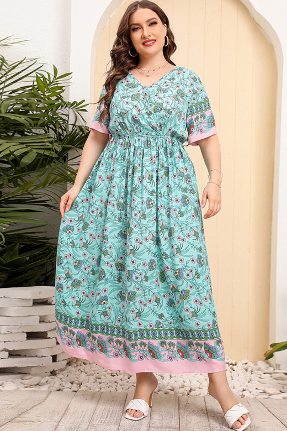 Plus Size Bohemian V-Neck Short Sleeve Maxi Dress [Spirit and Rebel] Turquoise 1XL 