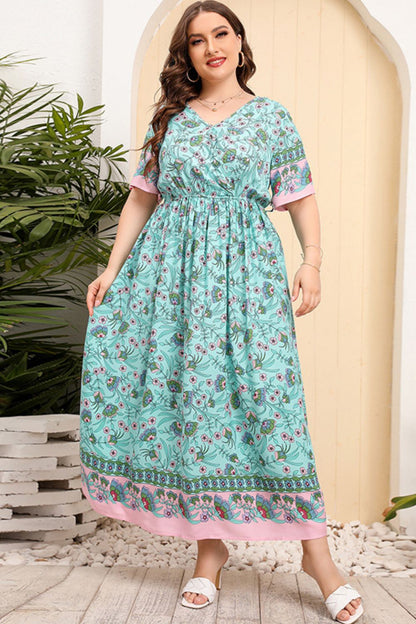 Plus Size Bohemian V-Neck Short Sleeve Maxi Dress [Spirit and Rebel] Turquoise 1XL 