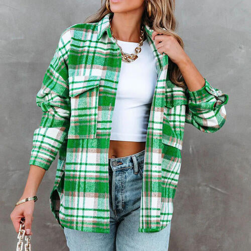 Plaid High-Low Collared Neck Jacket with Pockets [Spirit and Rebel] Mid Green S 