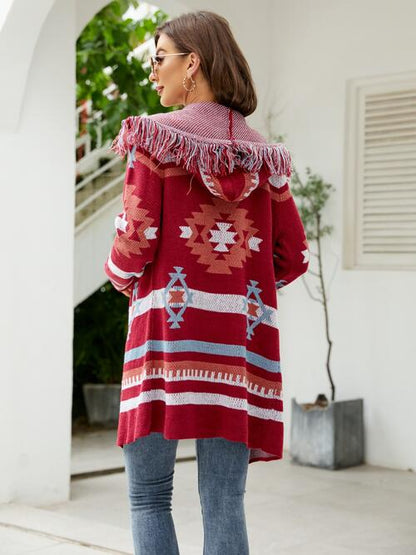 Boho Chic  Fringe Geometric Hooded Long Sleeve Cardigan [Spirit and Rebel]   