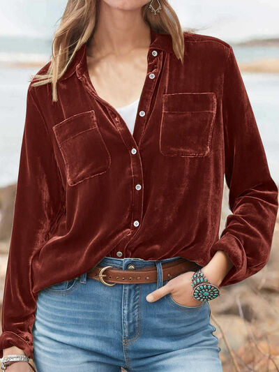 Button Up Long Sleeve High-Low Hem Shirt [Spirit and Rebel] Wine S 