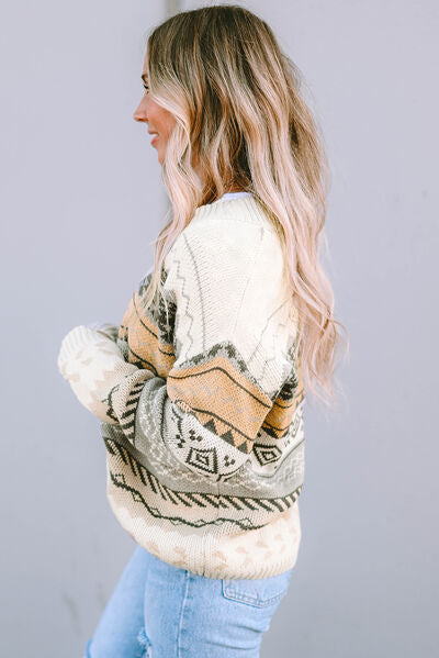 Geometric V-Neck Dropped Shoulder Sweater [Spirit and Rebel]   