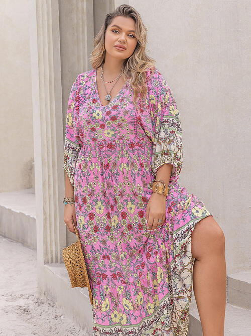 Plus Size Floral V-Neck Balloon Sleeve Midi Dress [Spirit and Rebel] Carnation Pink 0XL 