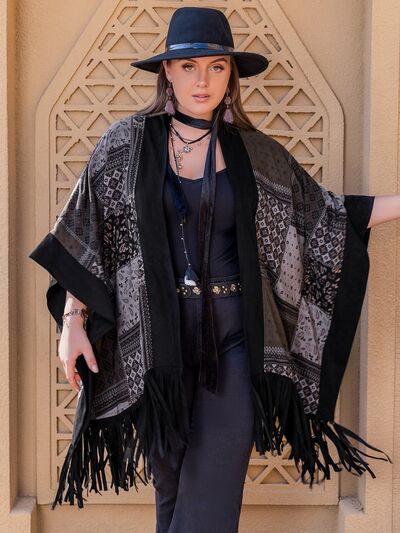 Plus Size Printed Fringe Open Front Outerwear [Spirit and Rebel] Black 0XL 