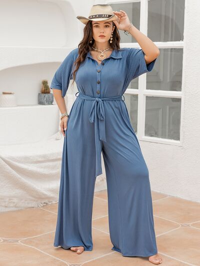 Plus Size Ribbed Half Button Tie-Waist Jumpsuit [Spirit and Rebel]   