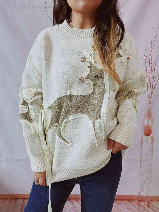 Reindeer Round Neck Long Sleeve Sweater [Spirit and Rebel] Beige S 