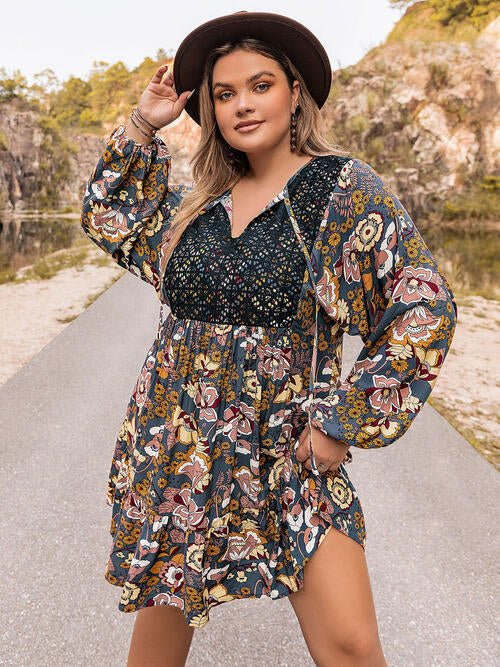 Plus Size Floral Tie Neck Balloon Sleeve Mini Dress [Spirit and Rebel]   