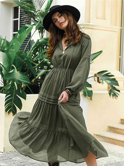 Tie Neck Long Sleeve Midi Tiered Dress [Spirit and Rebel]   