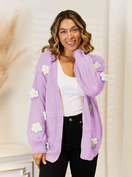 Flower Dropped Shoulder Open Front Cardigan [Spirit and Rebel] Lavender S 