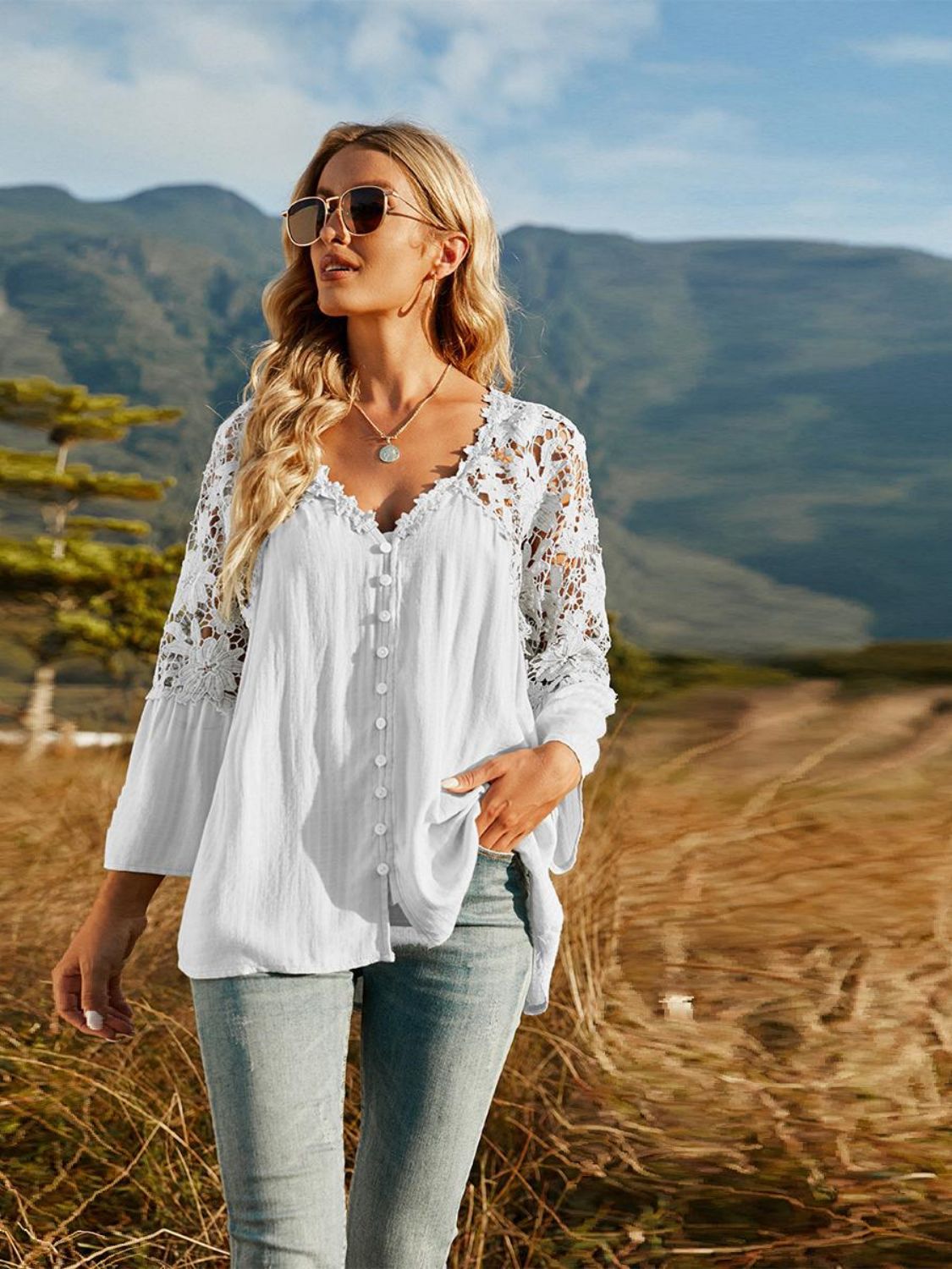 Spliced Lace Buttoned Blouse [Spirit and Rebel]   