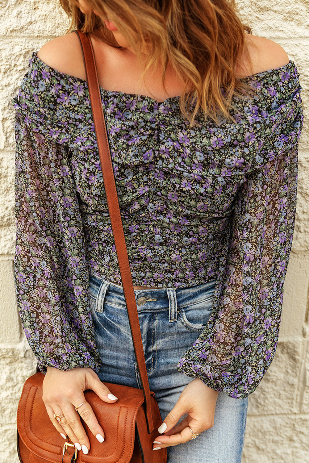 Floral Off-Shoulder Boho Chic Ruched Top [Spirit and Rebel]   