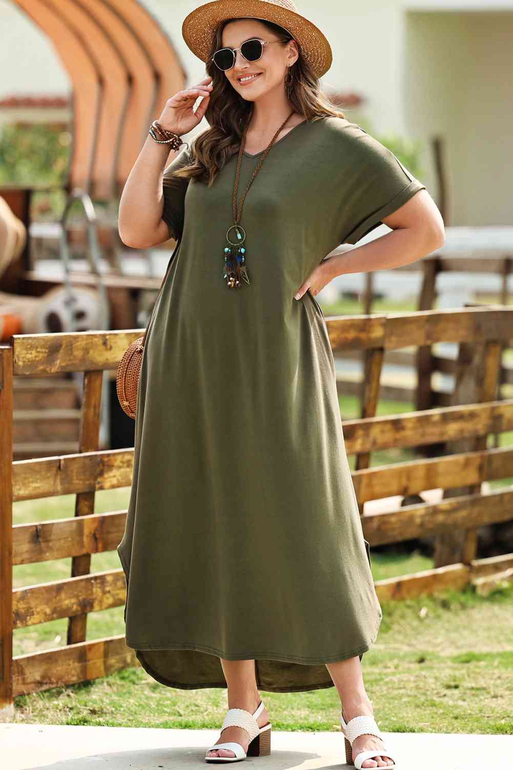 Boho Chic Plus Size V-Neck Short Sleeve Maxi Dress [Spirit and Rebel]   